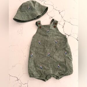 Janie and Jack Baby Embroidered Toucan Linen-Cotton Overall and Bucket Hat
